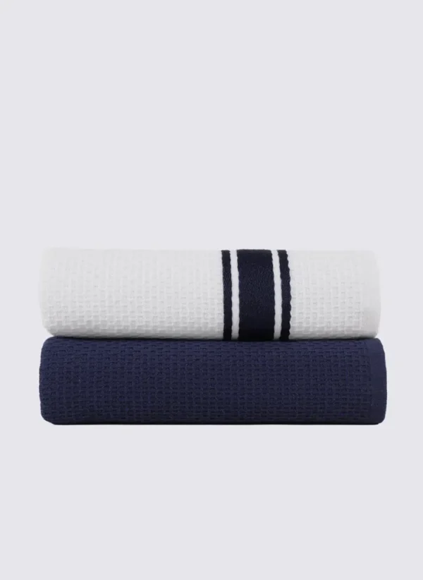 Ecocotton Elvin 2-Delige Droogdoek 100% Organisch Katoen Speciaal Geweven Marineblauw-Crème 40X60 Cm