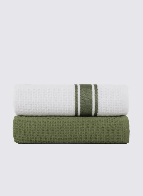 Ecocotton Elvin 2-delige Droogdoek 100% Biologisch Katoen Speciaal Geweven Groen-Crème 40X60 Cm