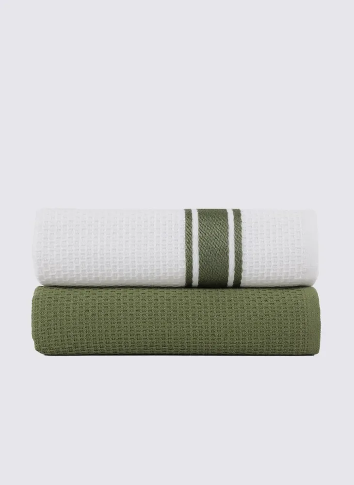 Ecocotton Elvin 2-delige Droogdoek 100% Biologisch Katoen Speciaal Geweven Groen-Crème 40X60 Cm - Afbeelding 1