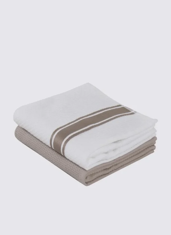 Ecocotton Elvin 2-delige Droogdoek 100% Biologisch Katoen Speciaal Geweven Beige-Crème 40X60 Cm