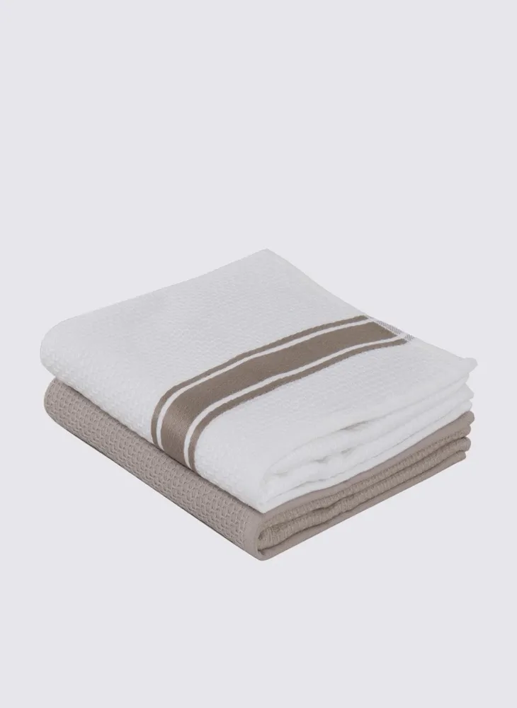 Ecocotton Elvin 2-delige Droogdoek 100% Biologisch Katoen Speciaal Geweven Beige-Crème 40X60 Cm