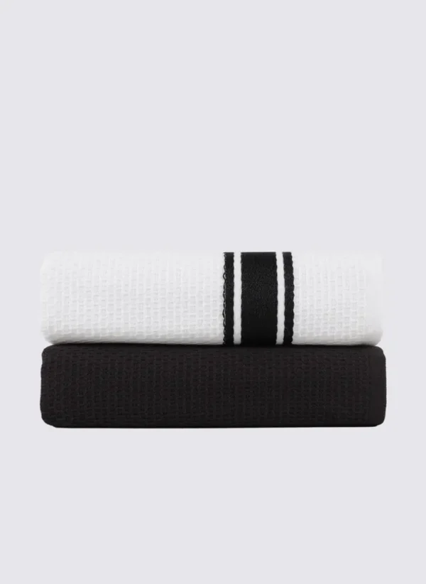 Ecocotton Elvin 2-delige Droogdoek 100% Biologisch Katoen Speciaal Geweven Zwart-Crème 40X60 Cm