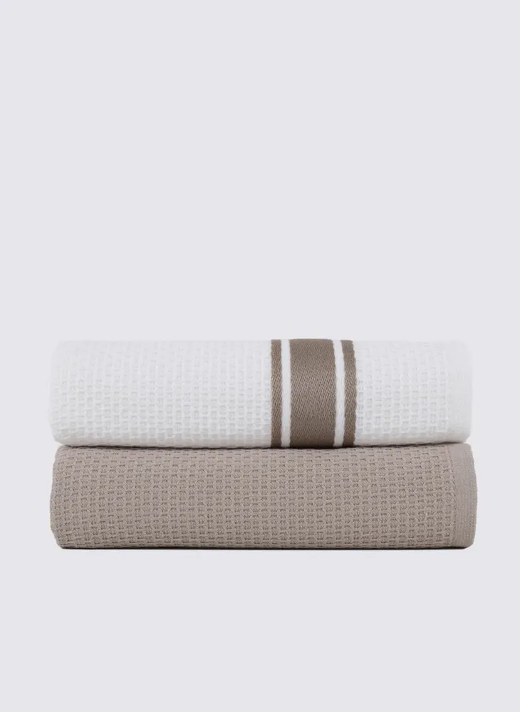 Ecocotton Elvin 2-delige Droogdoek 100% Biologisch Katoen Speciaal Geweven Beige-Crème 40X60 Cm - Afbeelding 1