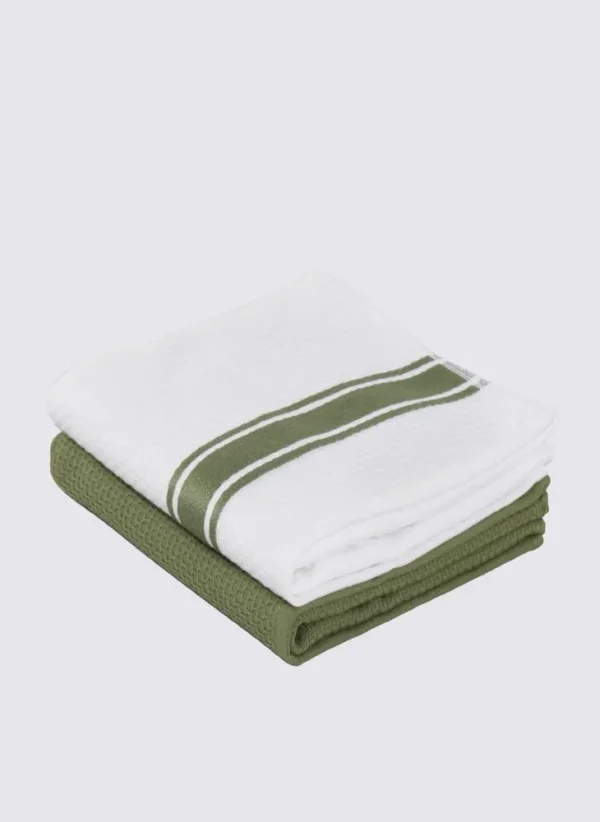 Ecocotton Elvin 2-delige Droogdoek 100% Biologisch Katoen Speciaal Geweven Groen-Crème 40X60 Cm