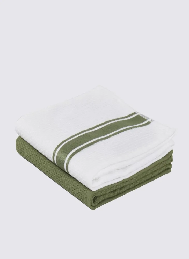 Ecocotton Elvin 2-delige Droogdoek 100% Biologisch Katoen Speciaal Geweven Groen-Crème 40X60 Cm