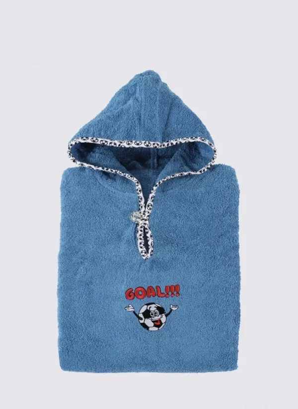 Ecocotton  Voetbal Baby Poncho 100% Biologisch Katoen Geborduurd Blauw 2-5 Jaar