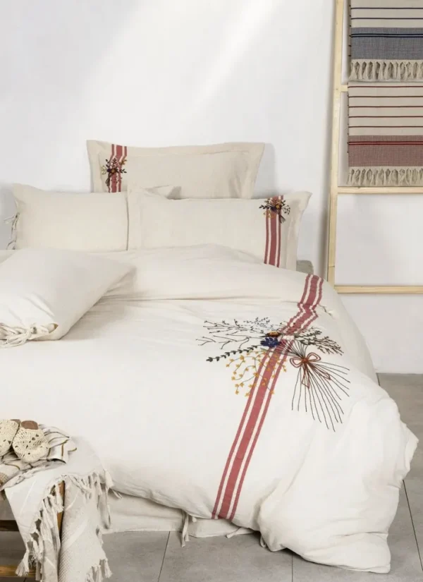 Ecocotton Charla Tweepersoons Dekbedovertrek Set 100% Biologisch Hennep Katoen Ecru-Rood 200x220 Cm