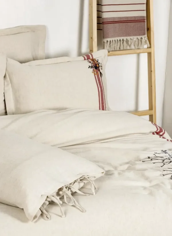 Ecocotton Charla Tweepersoons Dekbedovertrek Set 100% Biologisch Hennep Katoen Ecru-Rood 200x220 Cm