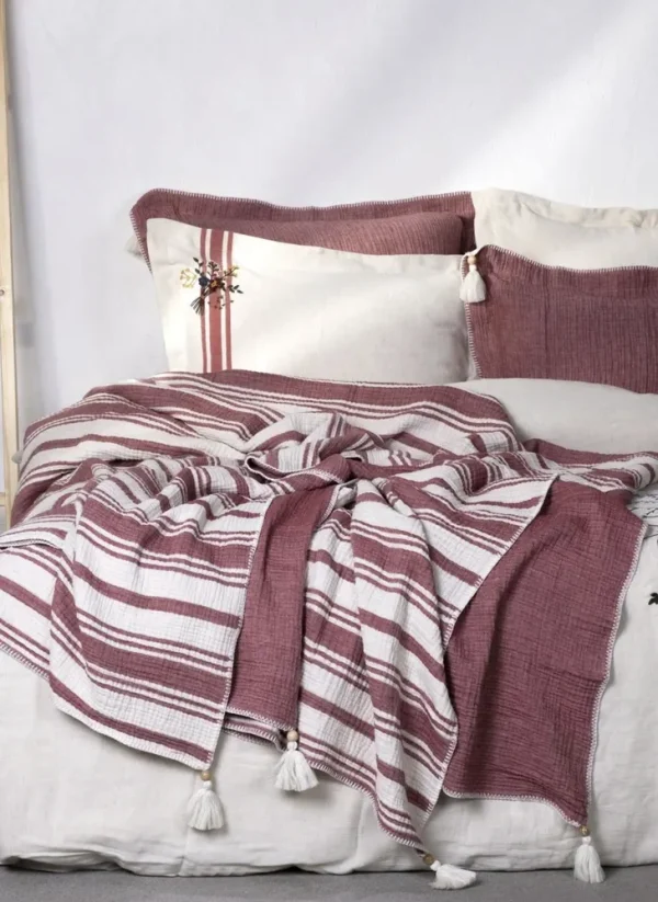 Ecocotton Mila tweepersoons Bedsprei Set 100% organisch katoen Mousseline Gevuld Rood 240X260 Cm