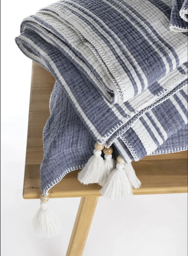 Ecocotton Mila Tweepersoons Bedsprei Set 100% Organisch Katoen Mousseline Gevuld Navy Blauw 240X260cm - Afbeelding 3