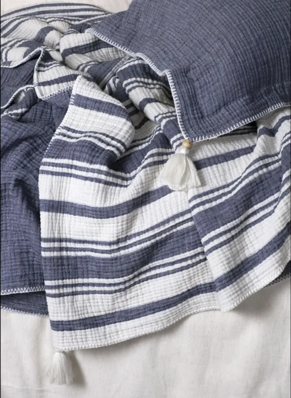 Ecocotton Mila Tweepersoons Bedsprei Set 100% Organisch Katoen Mousseline Gevuld Navy Blauw 240X260cm