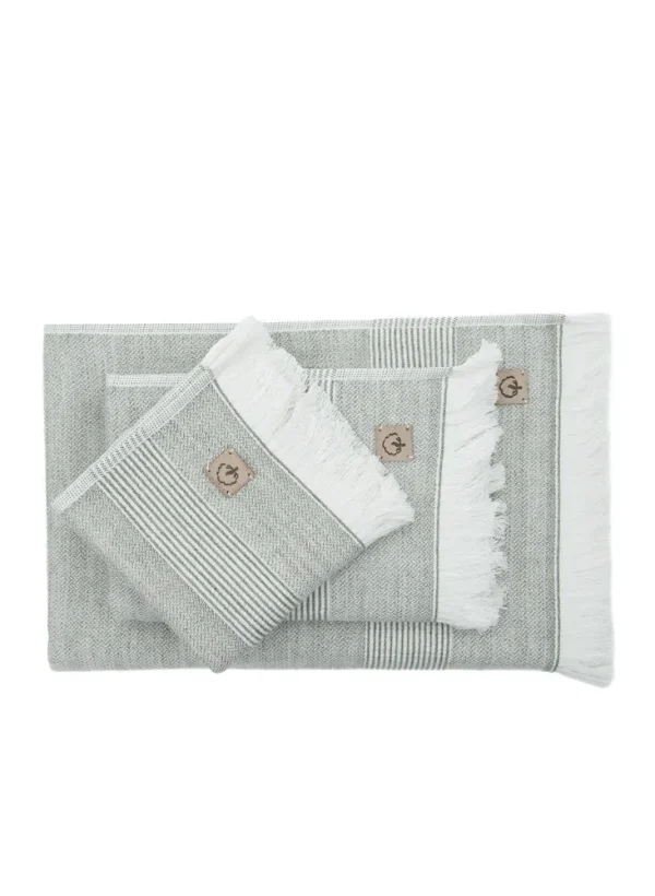 Ecocotton Hasna 3-Delige Handdoek Set 100% Organisch Katoen Linnen Melange Kaki groen