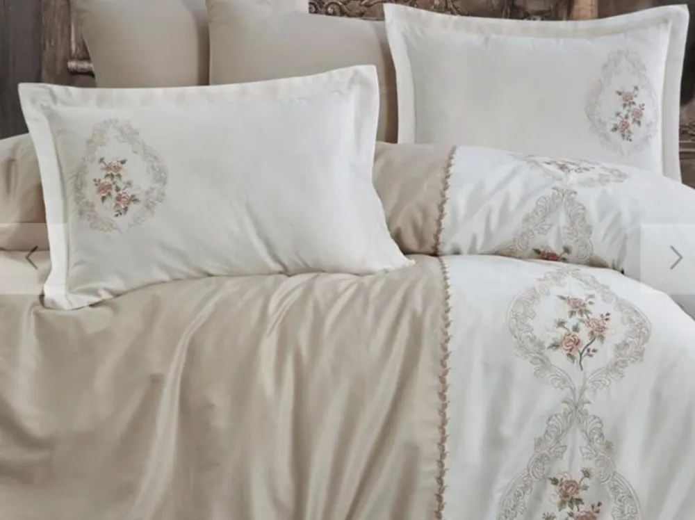 Dantela İsabella Tweepersoons Geborduurd Katoenen Satijn Dekbedovertrek Set Beige - Afbeelding 1