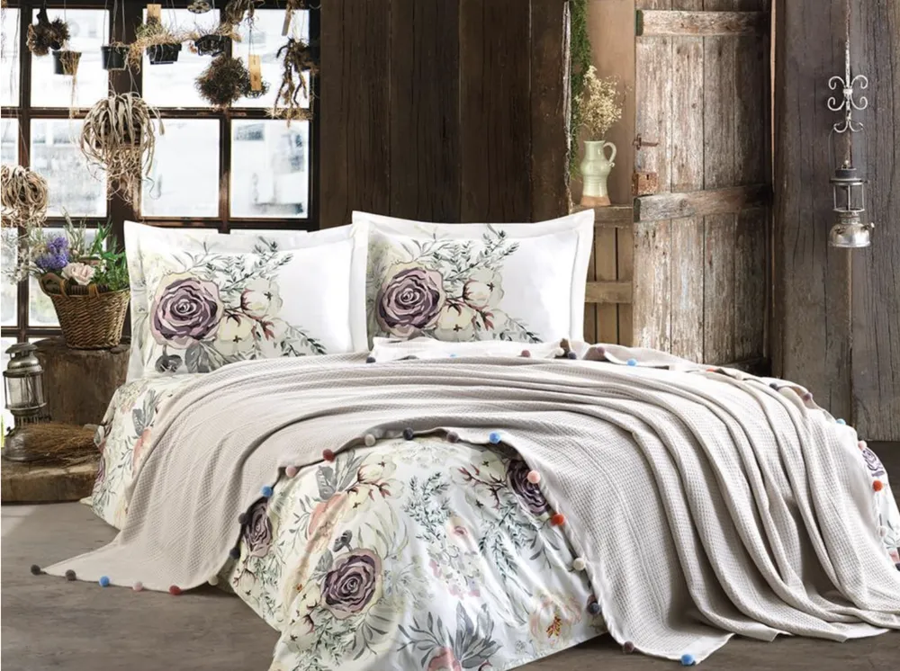 Dantela Violet Tweepersoons Pompom Piqué set Beige