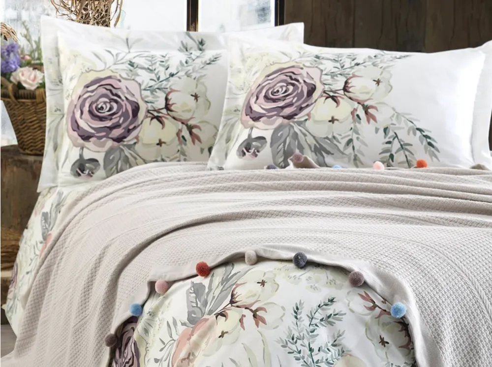 Dantela Violet Tweepersoons Pompom Piqué set Beige - Afbeelding 1