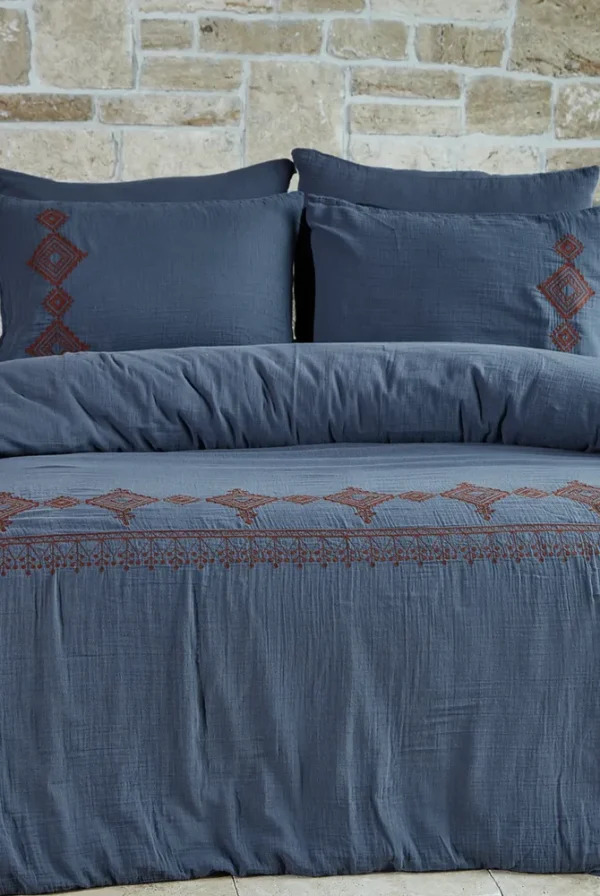 Dantela Ethica tweepersoons Geborduurde mousseline Dekbedovertrek Set Indigo