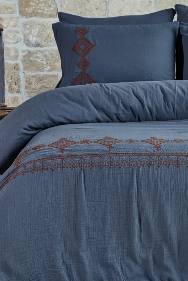 Dantela Ethica tweepersoons Geborduurde mousseline Dekbedovertrek Set Indigo