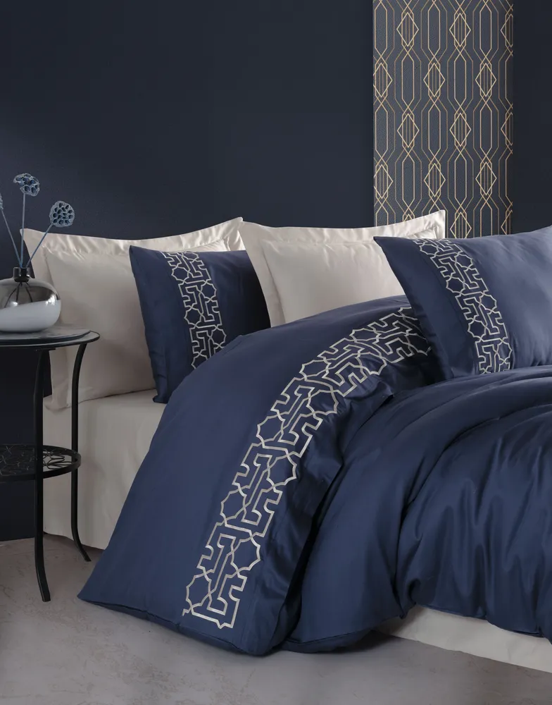 Dantela Luna Tweepersoons Geborduurd Katoenen Satijn Dekbedovertrek Set Beige - Afbeelding 2