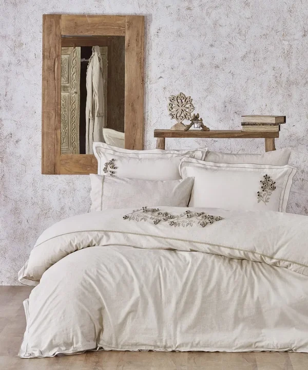 Ecocotton Masal tweepersoons dekbedovertrek Set 100% biologisch katoen linnen Handgeborduurd Beige 200x220 Cm