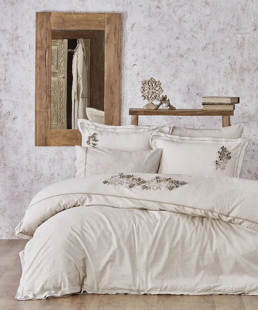 Ecocotton Masal tweepersoons dekbedovertrek Set 100% biologisch katoen linnen Handgeborduurd Beige 200x220 Cm