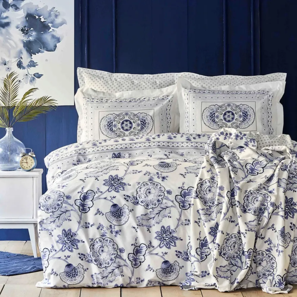 Karaca Home Amar Blauw 100% Katoenen Dekbedovertrek Set Tweepersoons