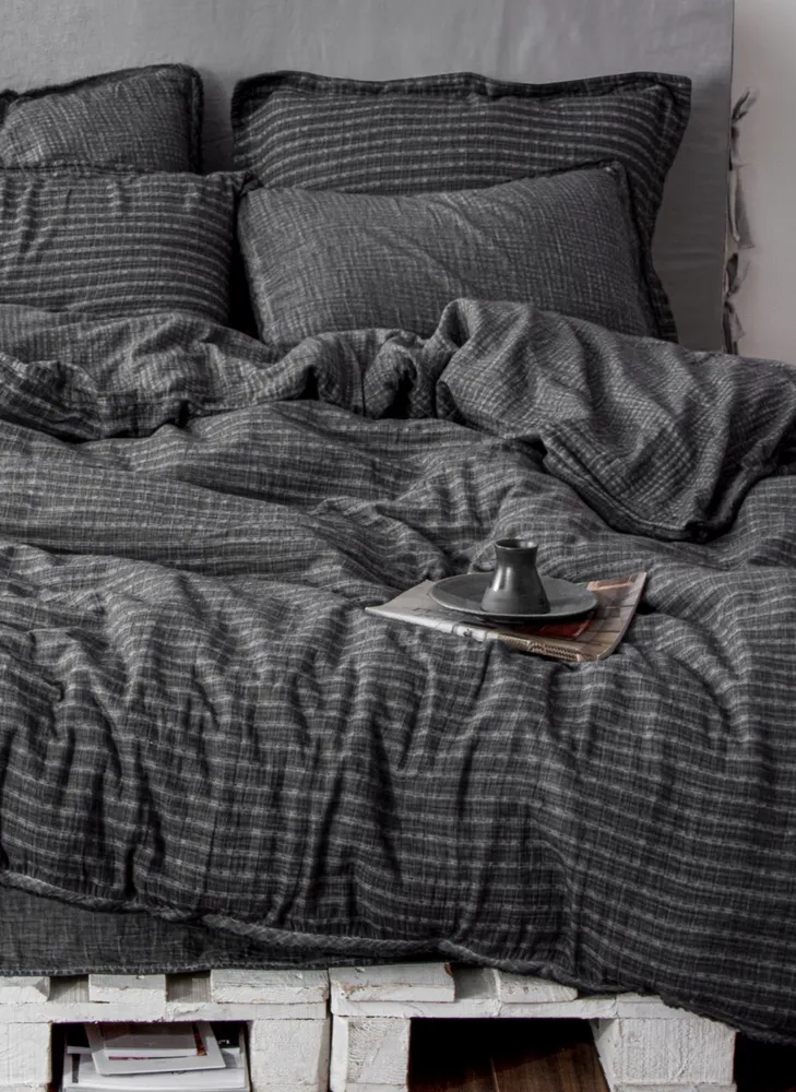 Ecocotton Tara Tweepersoons Dekbedovertrek Set 100% Biologisch Mousseline Katoen Antraciet 200x220 cm - Afbeelding 1