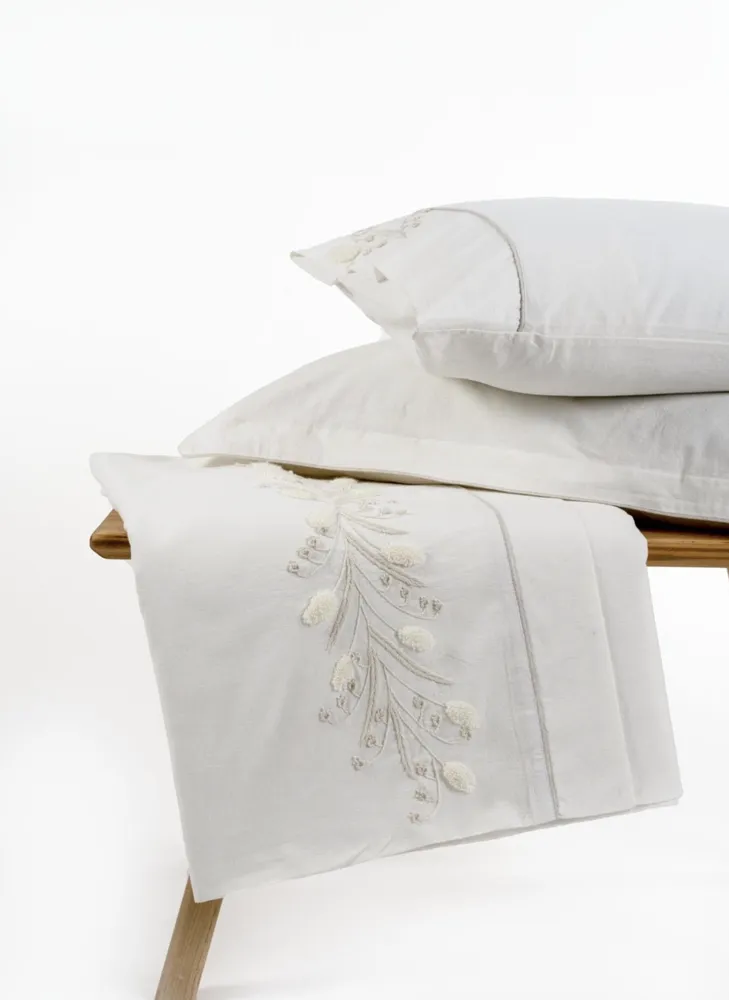 Ecocotton Lilya Dekbedovertrek Set 100% Organisch Katoen Linnen Handgeborduurd Crème 200x220 cm - Afbeelding 3