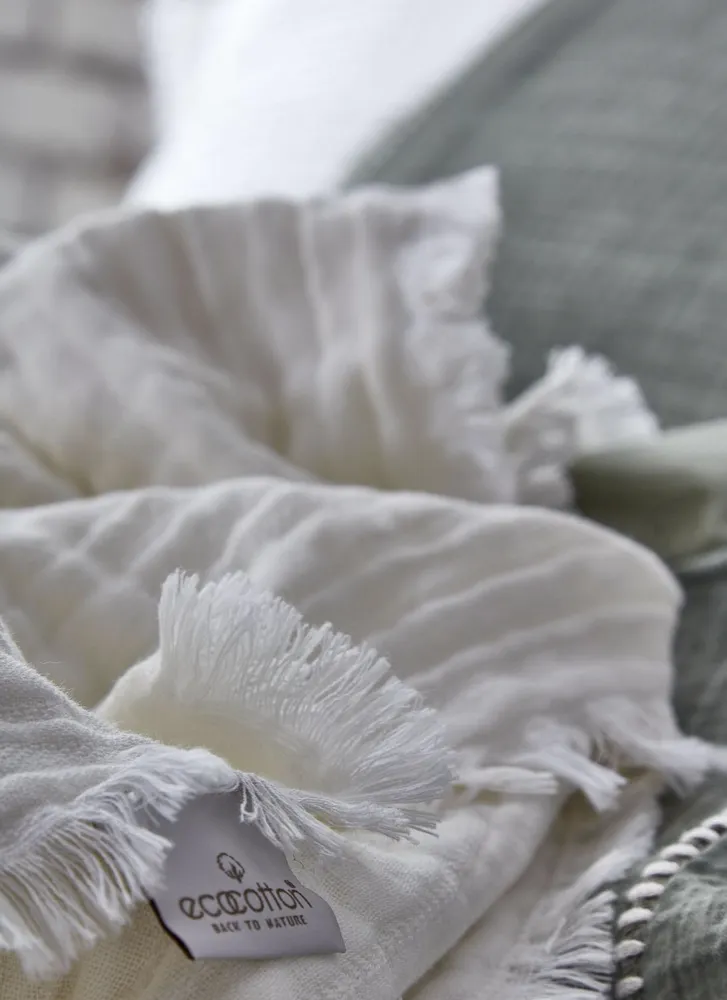 Ecocotton Armina Tweepersoons Bedsprei Set 100% Biologisch Katoen Mousseline Gevuld Crème 240X260 Cm - Afbeelding 2