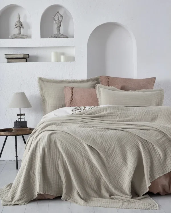Ecocotton Armina Tweepersoons Bedsprei Set 100% Biologisch Katoen Mousseline Gevuld Beige 240X260 Cm