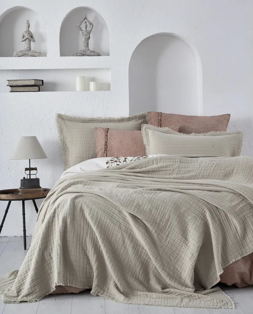 Ecocotton Armina Tweepersoons Bedsprei Set 100% Biologisch Katoen Mousseline Gevuld Beige 240X260 Cm