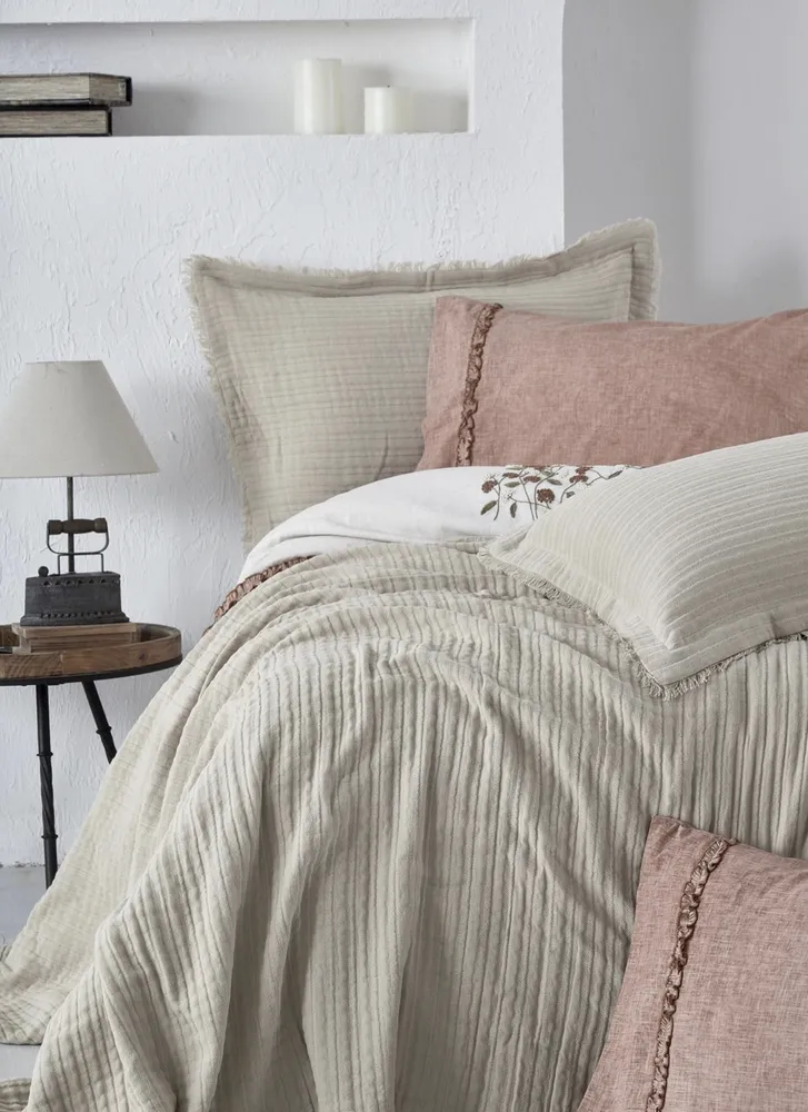 Ecocotton Armina Tweepersoons Bedsprei Set 100% Biologisch Katoen Mousseline Gevuld Beige 240X260 Cm - Afbeelding 2