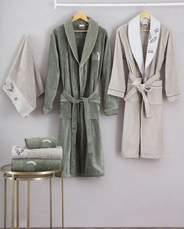 Ecocotton Derin Familie Badjas Set 100% Biologisch Katoen Geborduurd Beige / Groen - M / L
