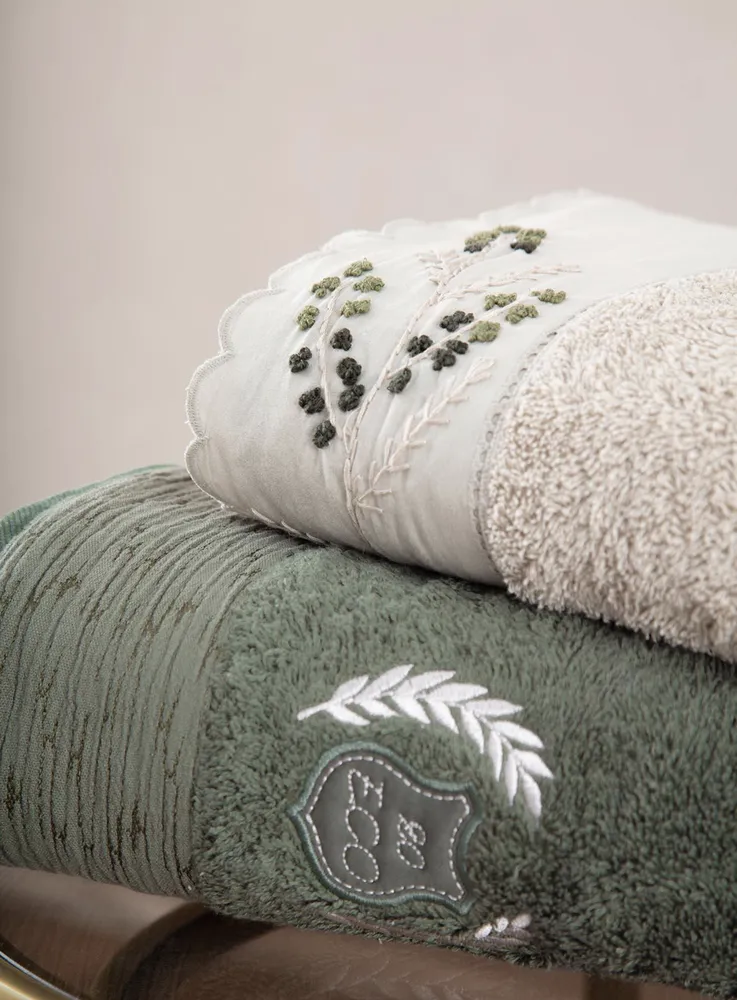 Ecocotton Derin Familie Badjas Set 100% Biologisch Katoen Geborduurd Beige / Groen - M / L - Afbeelding 6