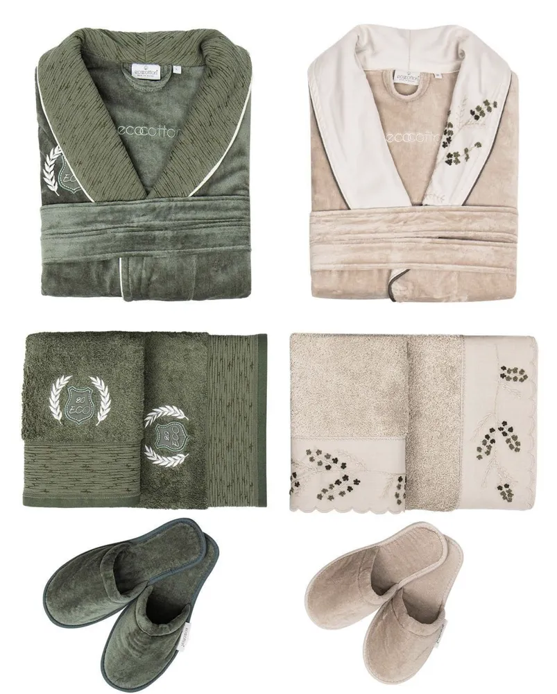 Ecocotton Derin Familie Badjas Set 100% Biologisch Katoen Geborduurd Beige / Groen - M / L