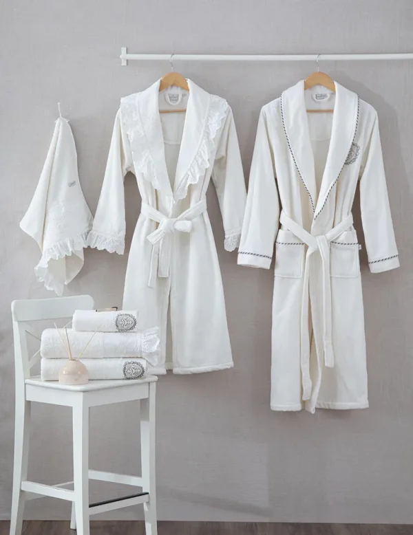 Ecocotton Elsa Familie Badjas 100% Biologisch Geborduurd Katoen Crème/Crème - M/L