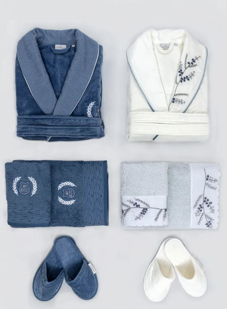 Ecocotton Derin Familie Badjas Set 100% Biologisch Katoen Geborduurd Crème/Blauw - M/L