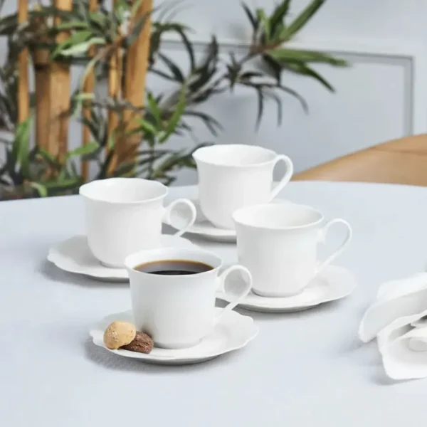 Karaca Daisy thee kop en schotel set voor 4 personen, 8-delig, New Generation Bone, wit, 260ml