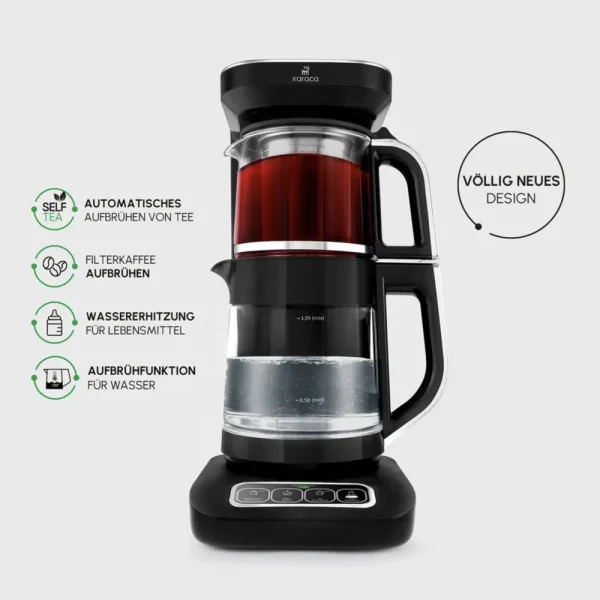 Karaca Çaysever Robotea Pro 4 in 1 Sprekend Automatisch Theezetapparaat met Glas, Waterverwarmer en Filter Koffiezetapparaat 2500W Zwart Chroom