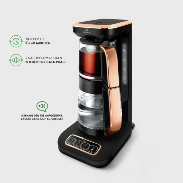 Karaca Çaysever Robotea Pro 4 in 1 Sprekend Automatisch Theezetapparaat met Glas, Waterverwarmer en Filter Koffiezetapparaat 2500W Copper Chroom