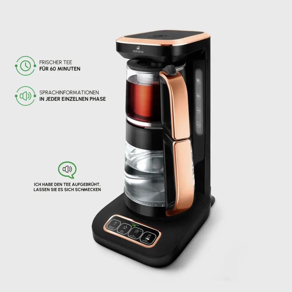 Karaca Çaysever Robotea Pro 4 in 1 Sprekend Automatisch Theezetapparaat met Glas, Waterverwarmer en Filter Koffiezetapparaat 2500W Copper Chroom - Afbeelding 1