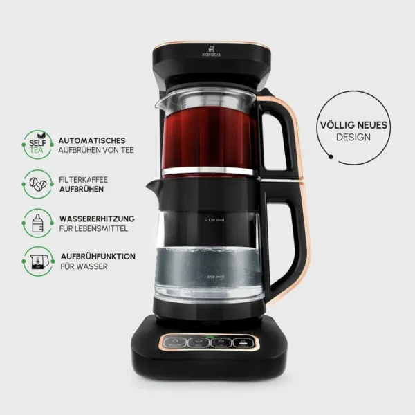 Karaca Çaysever Robotea Pro 4 in 1 Sprekend Automatisch Theezetapparaat met Glas, Waterverwarmer en Filter Koffiezetapparaat 2500W Copper Chroom