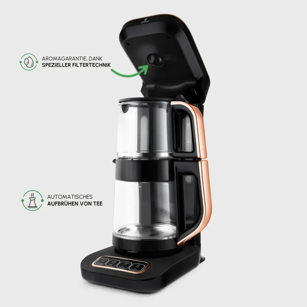 Karaca Çaysever Robotea Pro 4 in 1 Sprekend Automatisch Theezetapparaat met Glas, Waterverwarmer en Filter Koffiezetapparaat 2500W Copper Chroom - Afbeelding 4