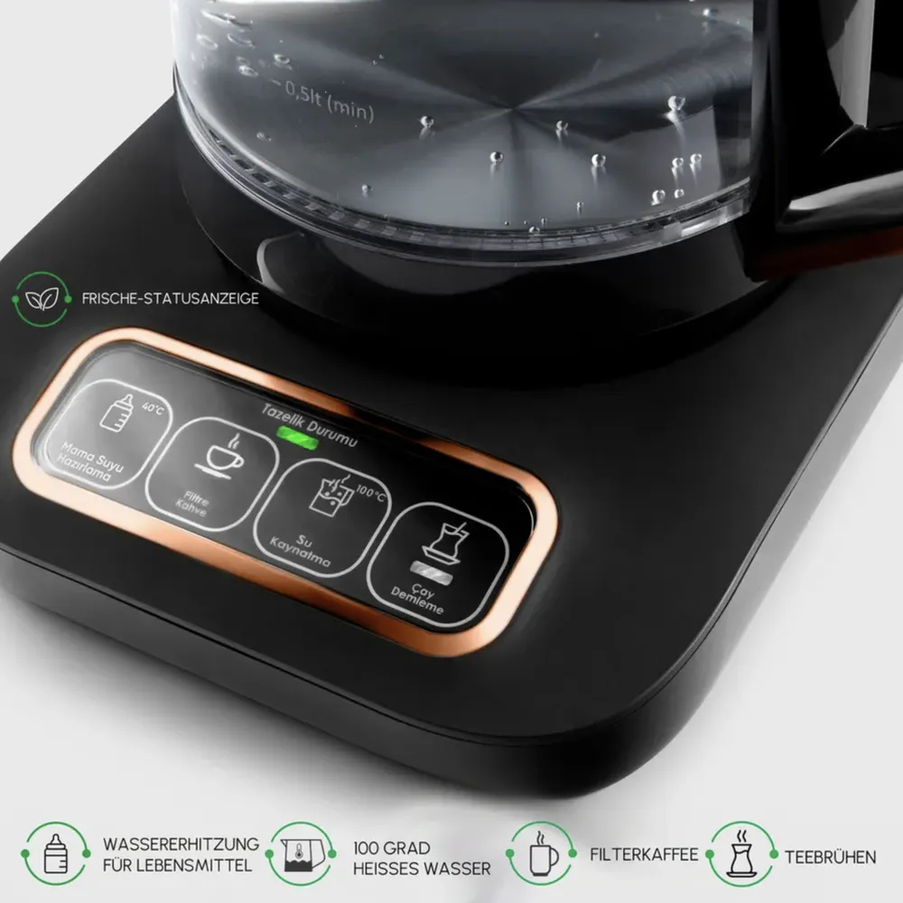Karaca Çaysever Robotea Pro 4 in 1 Sprekend Automatisch Theezetapparaat met Glas, Waterverwarmer en Filter Koffiezetapparaat 2500W Copper Chroom - Afbeelding 5