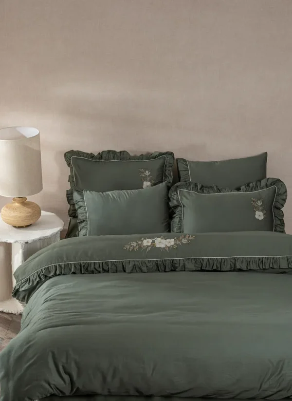 Ecocotton Vanya Dekbedovertrek set 100% Biologisch Katoen Satijn Applique Geborduurd Groen 240x220 Cm