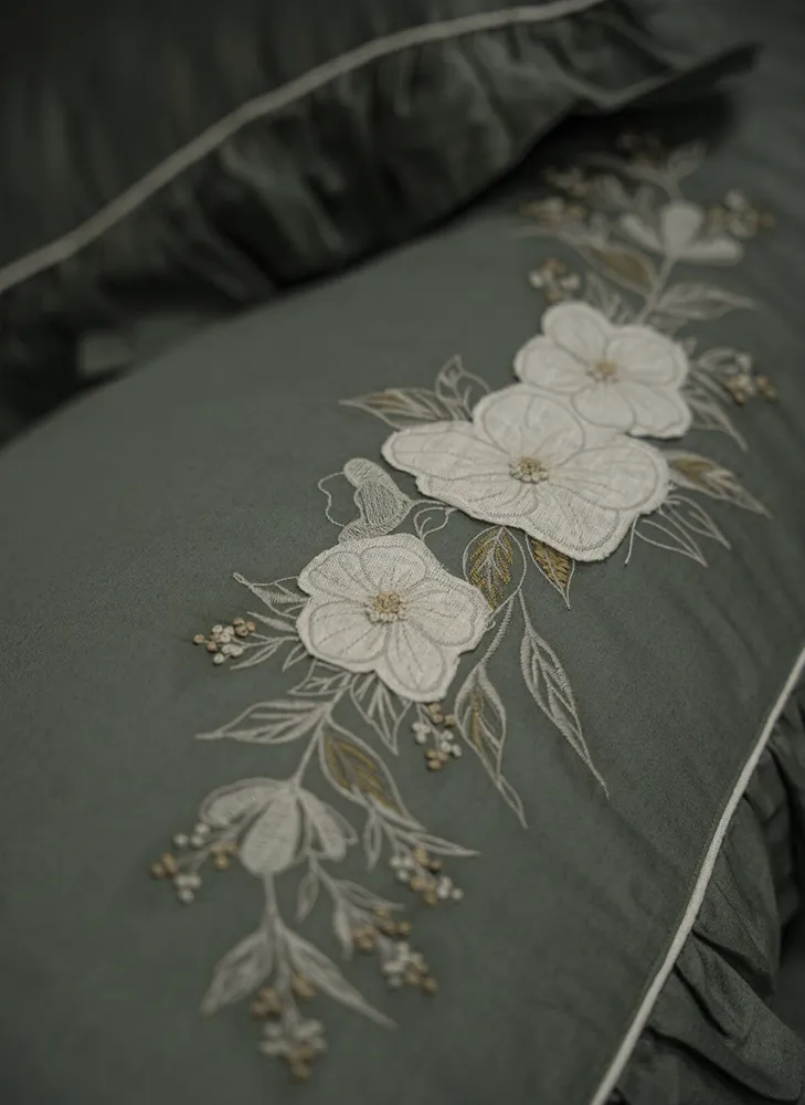 Ecocotton Vanya Dekbedovertrek set 100% Biologisch Katoen Satijn Applique Geborduurd Groen 240x220 Cm - Afbeelding 2