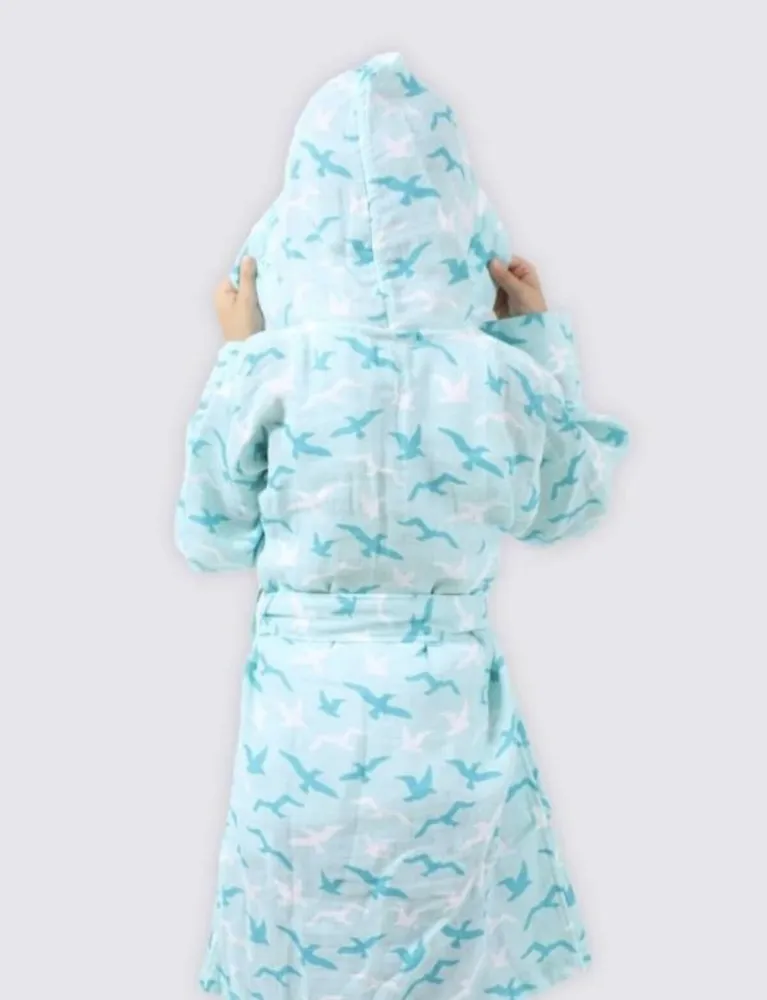 Ecocotton Turna Jongens Badjas 100% Biologisch Katoenen Mousseline Bedrukt Turquoise - Afbeelding 2