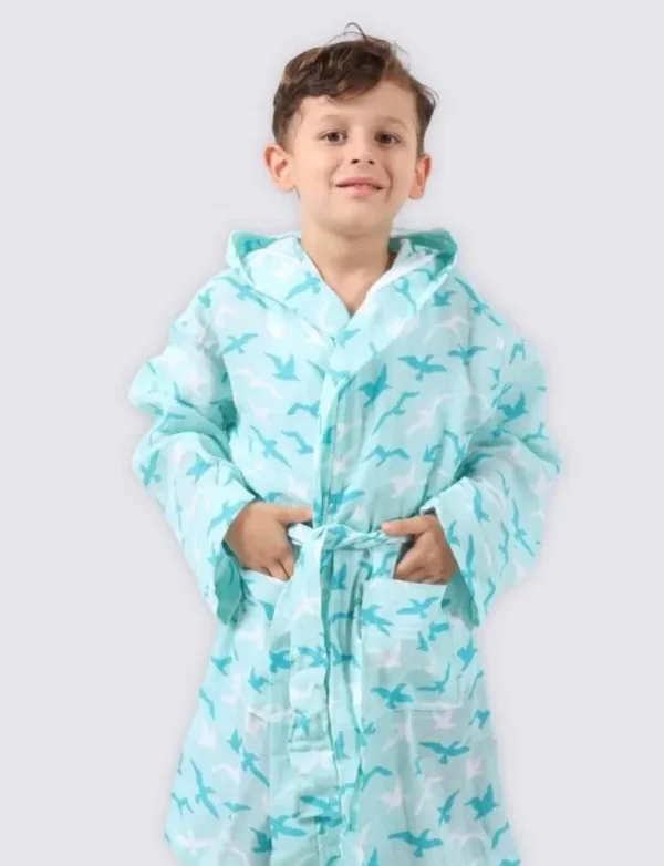 Ecocotton Turna Jongens Badjas 100% Biologisch Katoenen Mousseline Bedrukt Turquoise