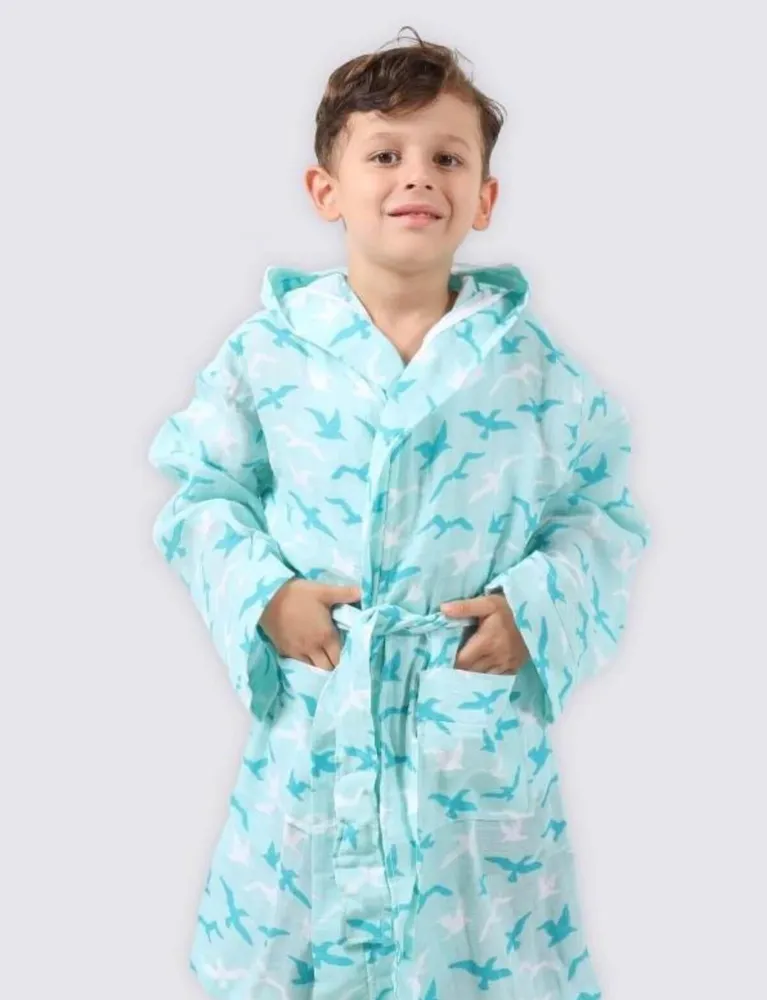 Ecocotton Turna Jongens Badjas 100% Biologisch Katoenen Mousseline Bedrukt Turquoise