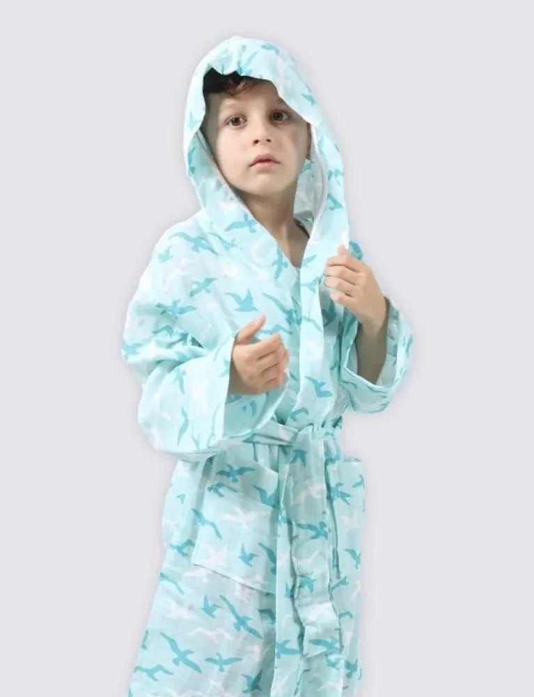 Ecocotton Turna Jongens Badjas 100% Biologisch Katoenen Mousseline Bedrukt Turquoise - Afbeelding 1