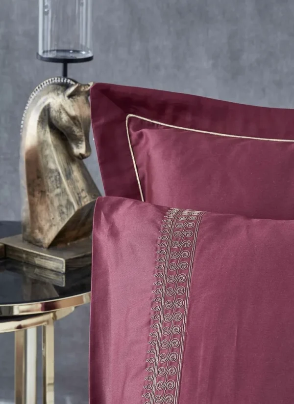 Ecocotton Tuğra Dekbedovertrek Set 100% Biologisch Katoen Satijn Geborduurd Bordeaux 240x220 cm